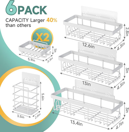Veken 6-Pack Rustproof Waterproof Shower Caddy, Adhesive Shelves Rack with Soap Holder, Large