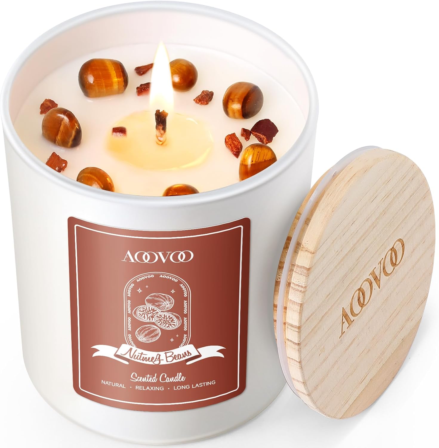 AOOVOO Nutmeg Beans Scented Candles for Women - Aromatherapy Candle with Crystals Inside, 10oz Soy