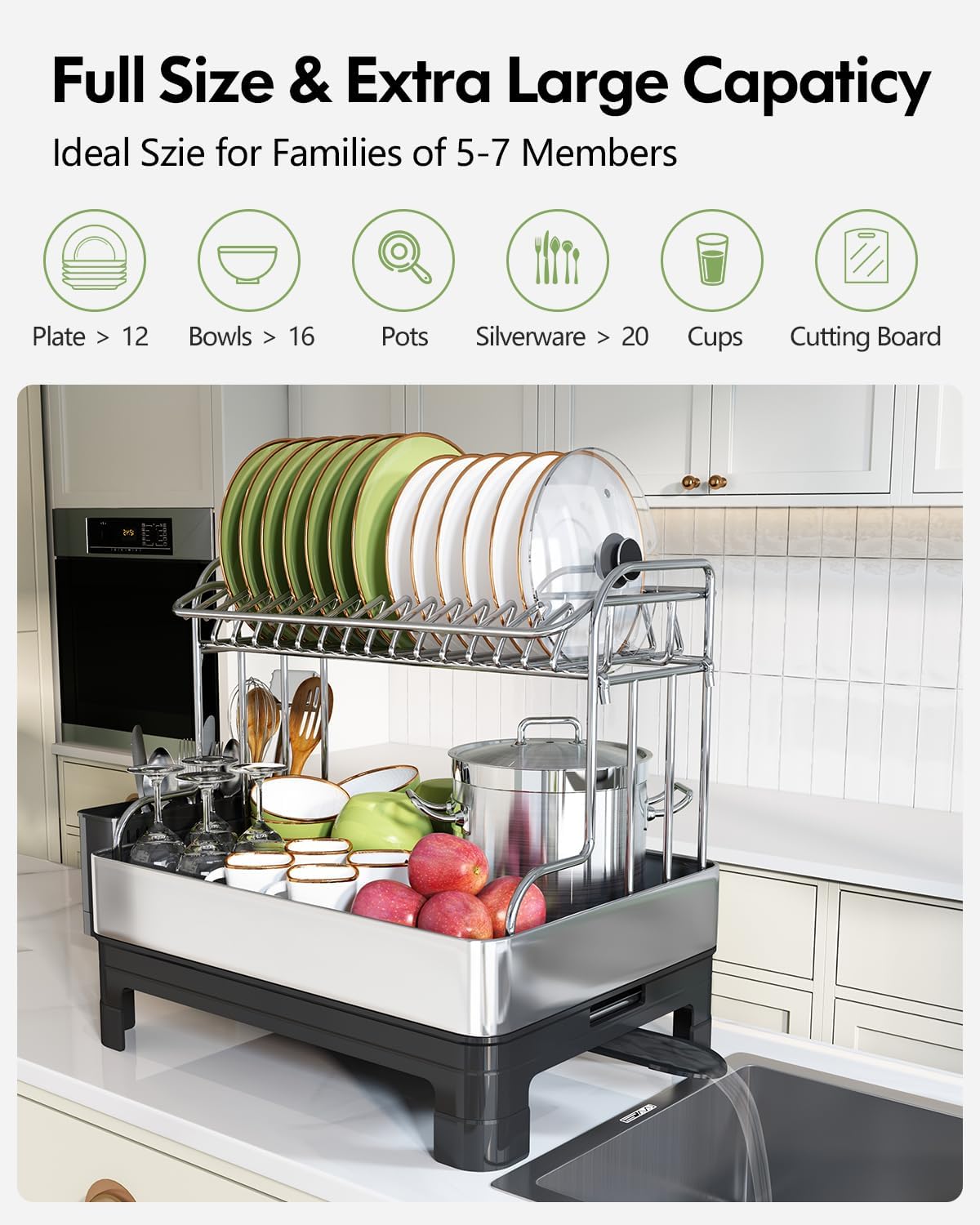 BOOSINY Extra Large Stainless Steel Dish Drying Rack, 2 Tier Dish Racks for Kitchen Counter, Dish