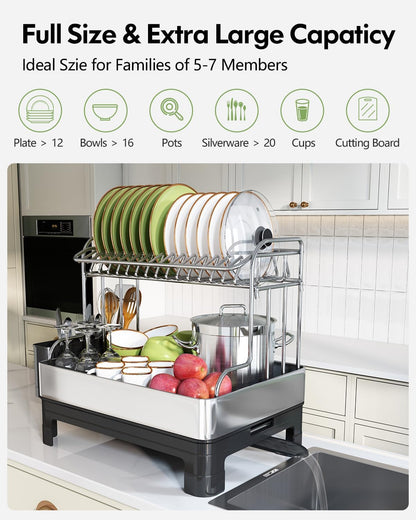BOOSINY Extra Large Stainless Steel Dish Drying Rack, 2 Tier Dish Racks for Kitchen Counter, Dish