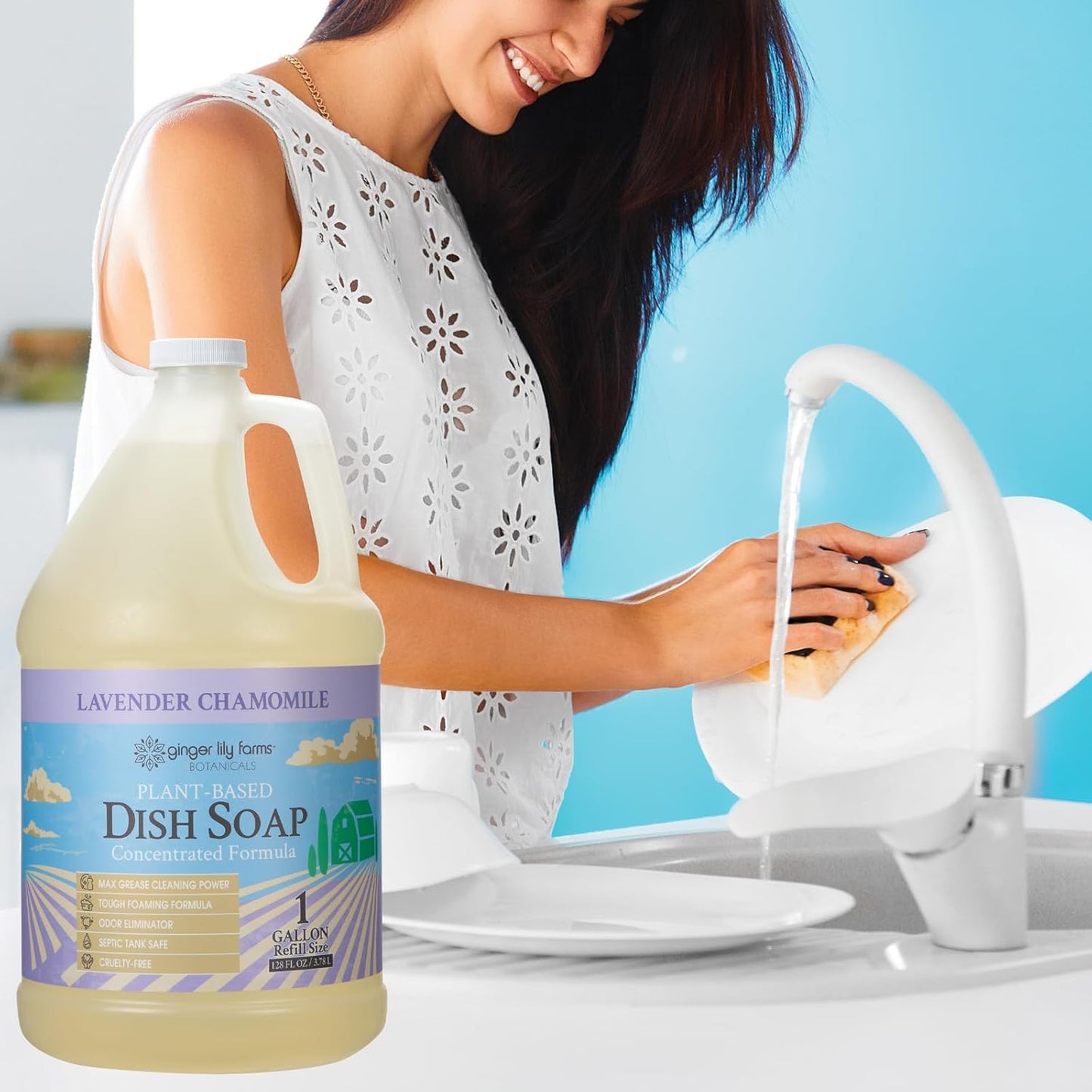 Ginger Lily Farms Botanicals Plant-Based Liquid Dish Soap, Concentrated Formula with Max Grease
