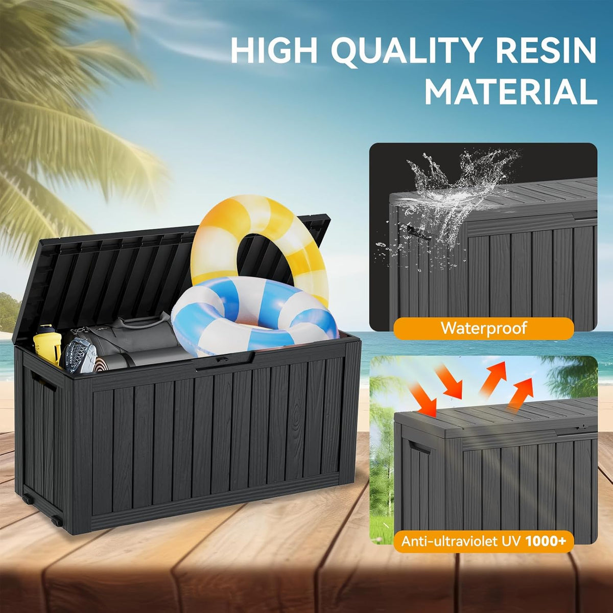KAMABOKO Deck Box, 75 Gallon Resin Indoor and Outdoor Storage Boxes Waterproof for Garden Tools