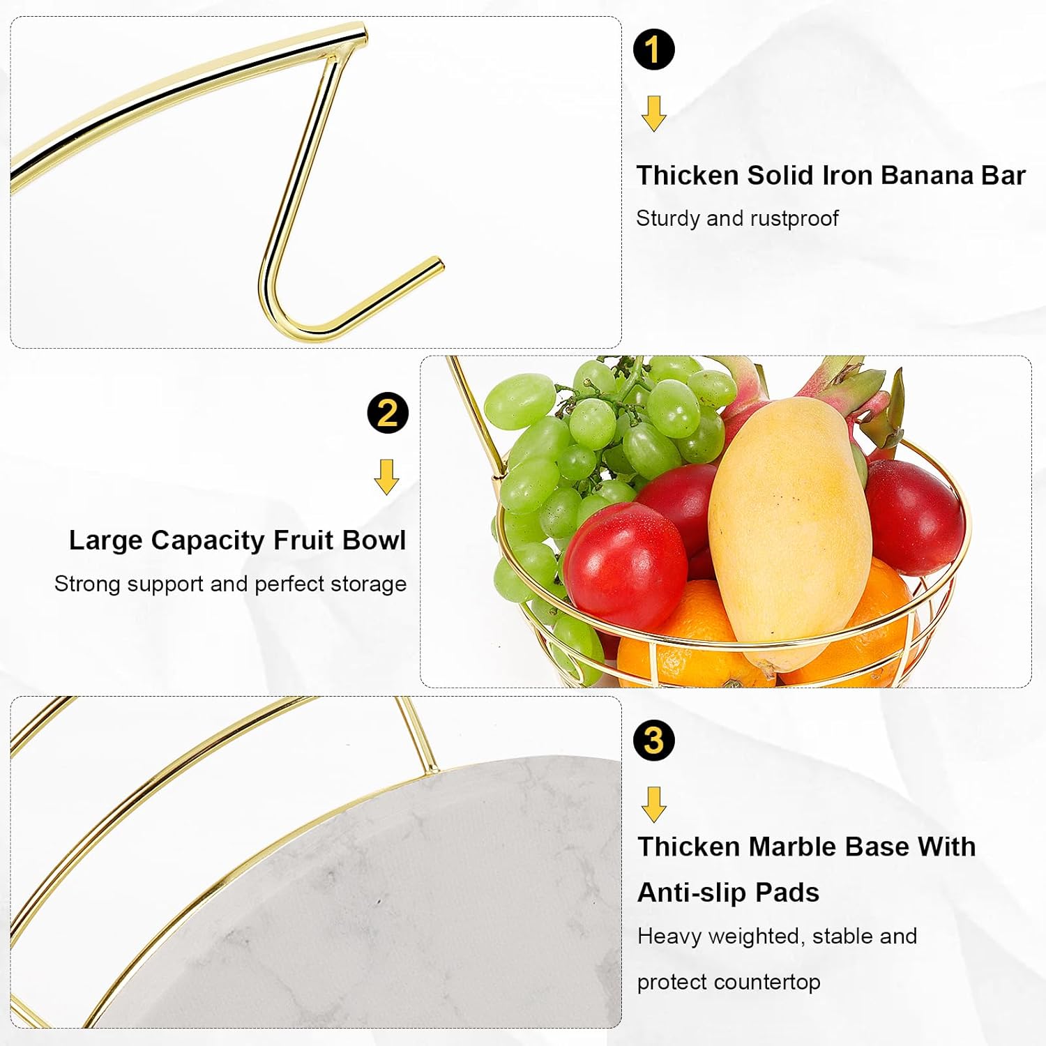 Livabber Countertop Fruit Basket Bowl with Banana Hanger, Modern Standing Fruit Vegetable Bowl