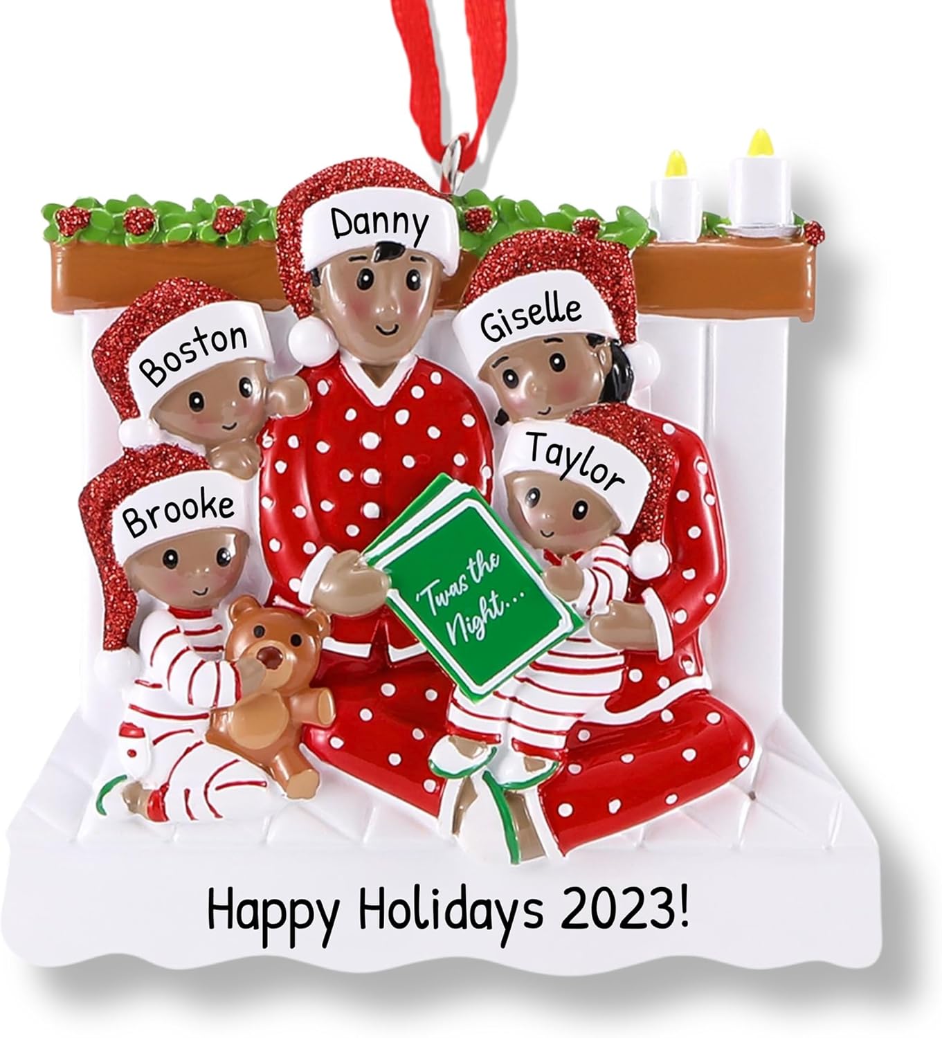 African American Bedtime Reading Family of 5 Christmas Ornament 2025 Personalized Family Christmas