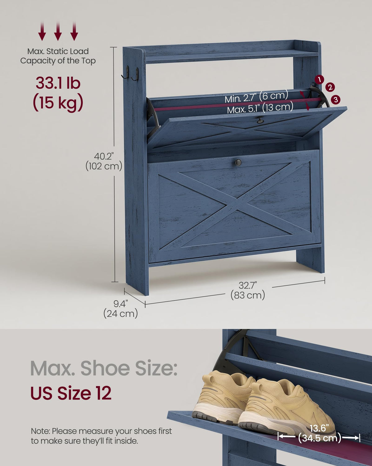 VASAGLE Shoe Storage Cabinet Organizer with 2 Flip Drawers, Freestanding Narrow Shoe Rack Cabinet