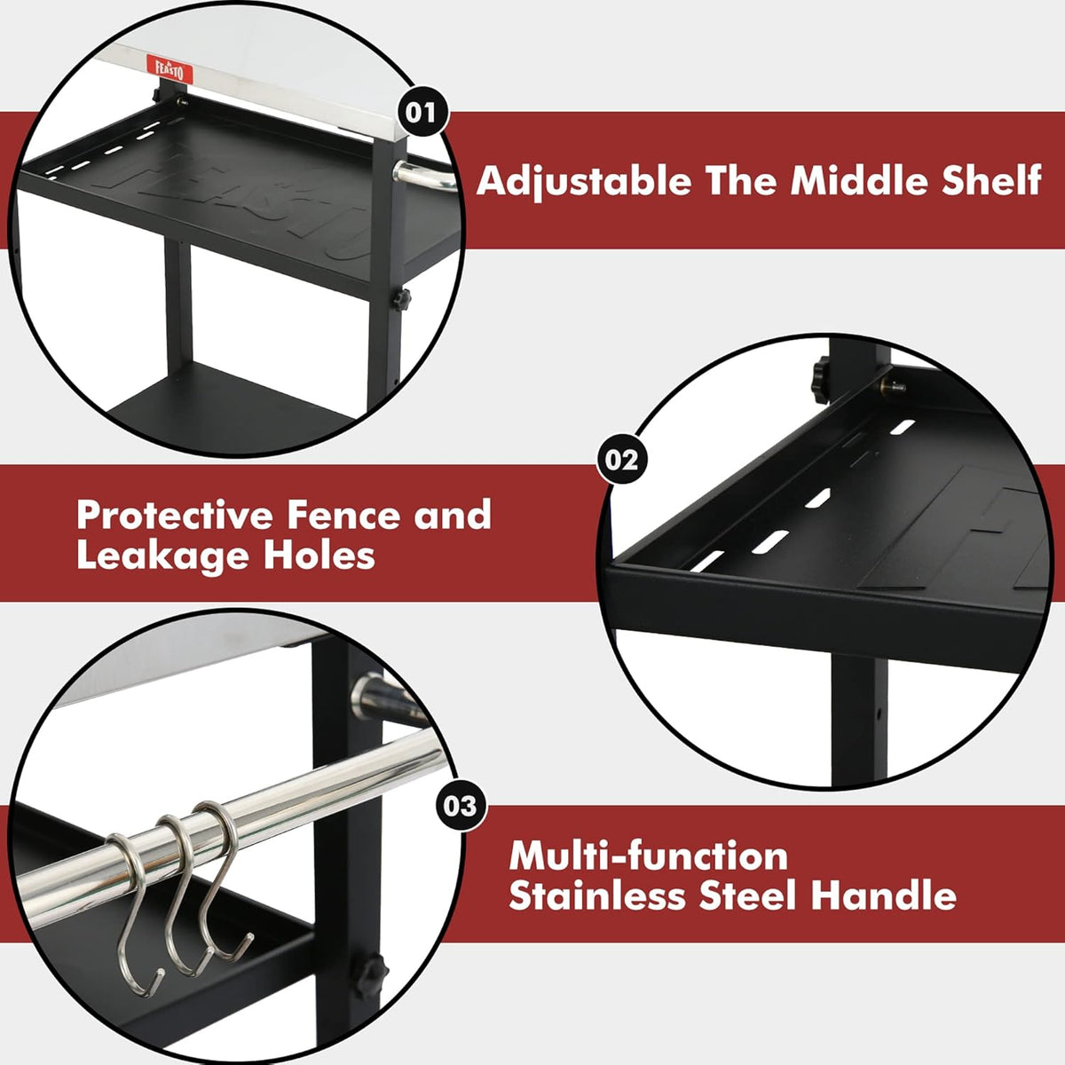 3-Shelf Grill Table,Pizza Oven Stand with Adjustable Shelf, Movable Grill Cart, for Outside,Outdoor