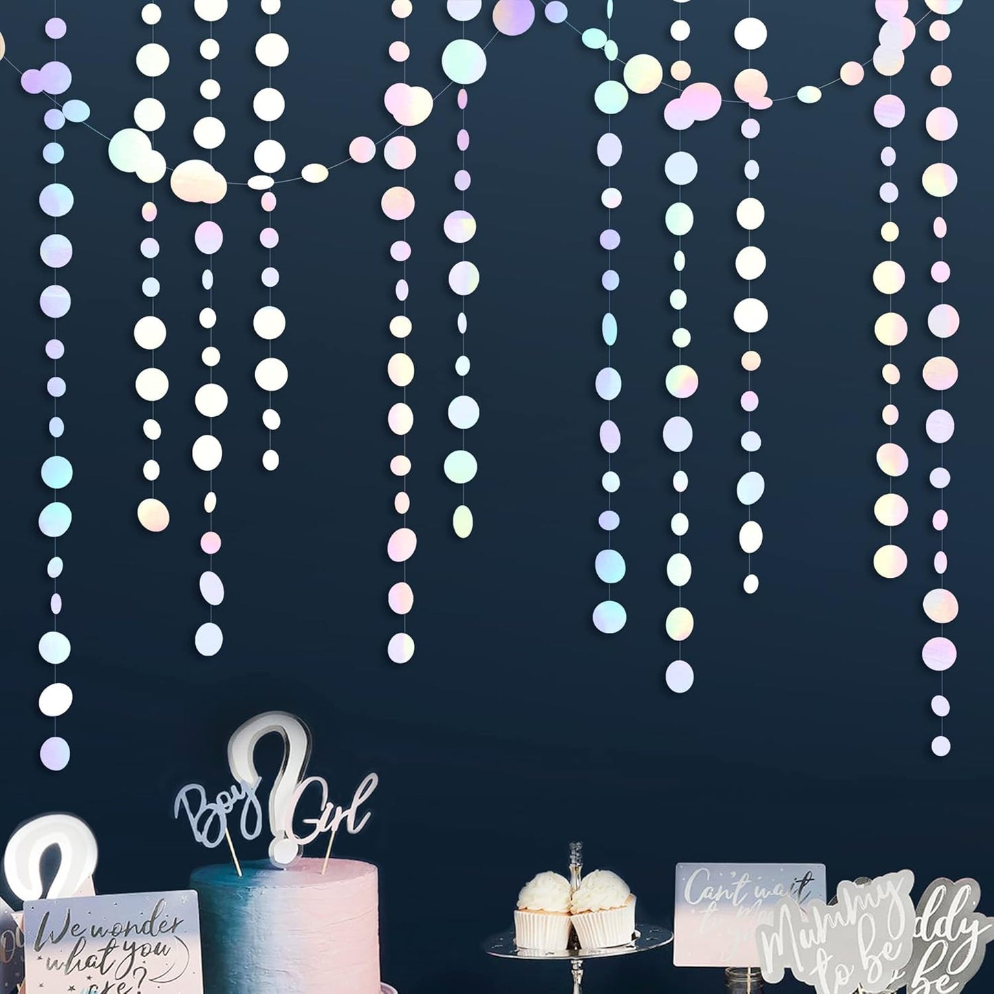 46 Ft White Iridescent Circle Dots Garland Hanging Holographic Polka Dots Streamer for Birthday