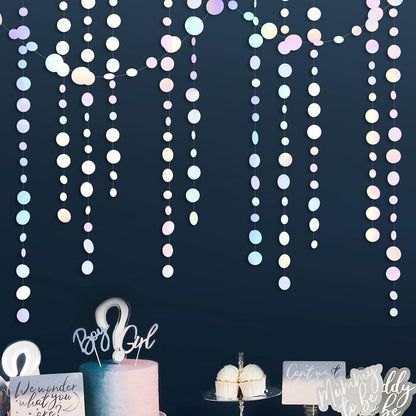 46 Ft White Iridescent Circle Dots Garland Hanging Holographic Polka Dots Streamer for Birthday