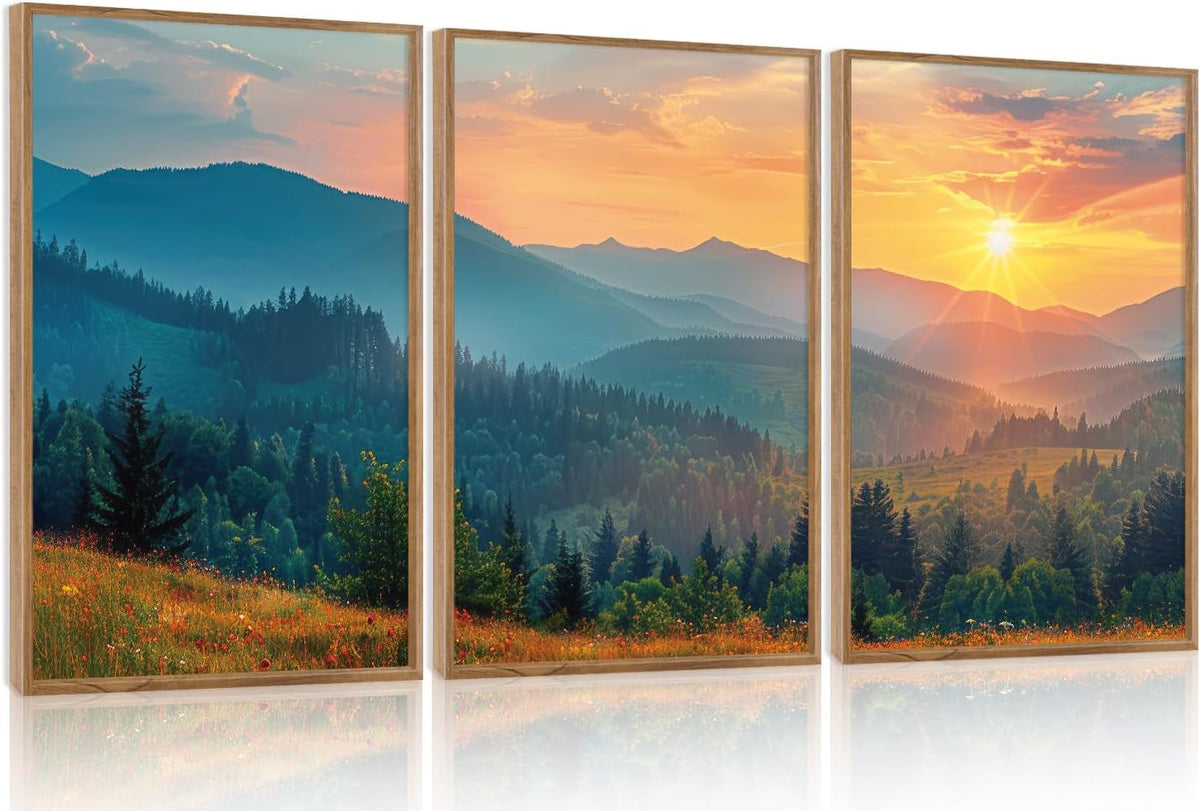 Aurlan Boho Mountain Sunset Landscape Framed Wall Art(16"x24"), 3PCS Green Blue Ridge Grand Teton