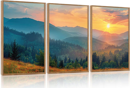 Aurlan Boho Mountain Sunset Landscape Framed Wall Art(16"x24"), 3PCS Green Blue Ridge Grand Teton