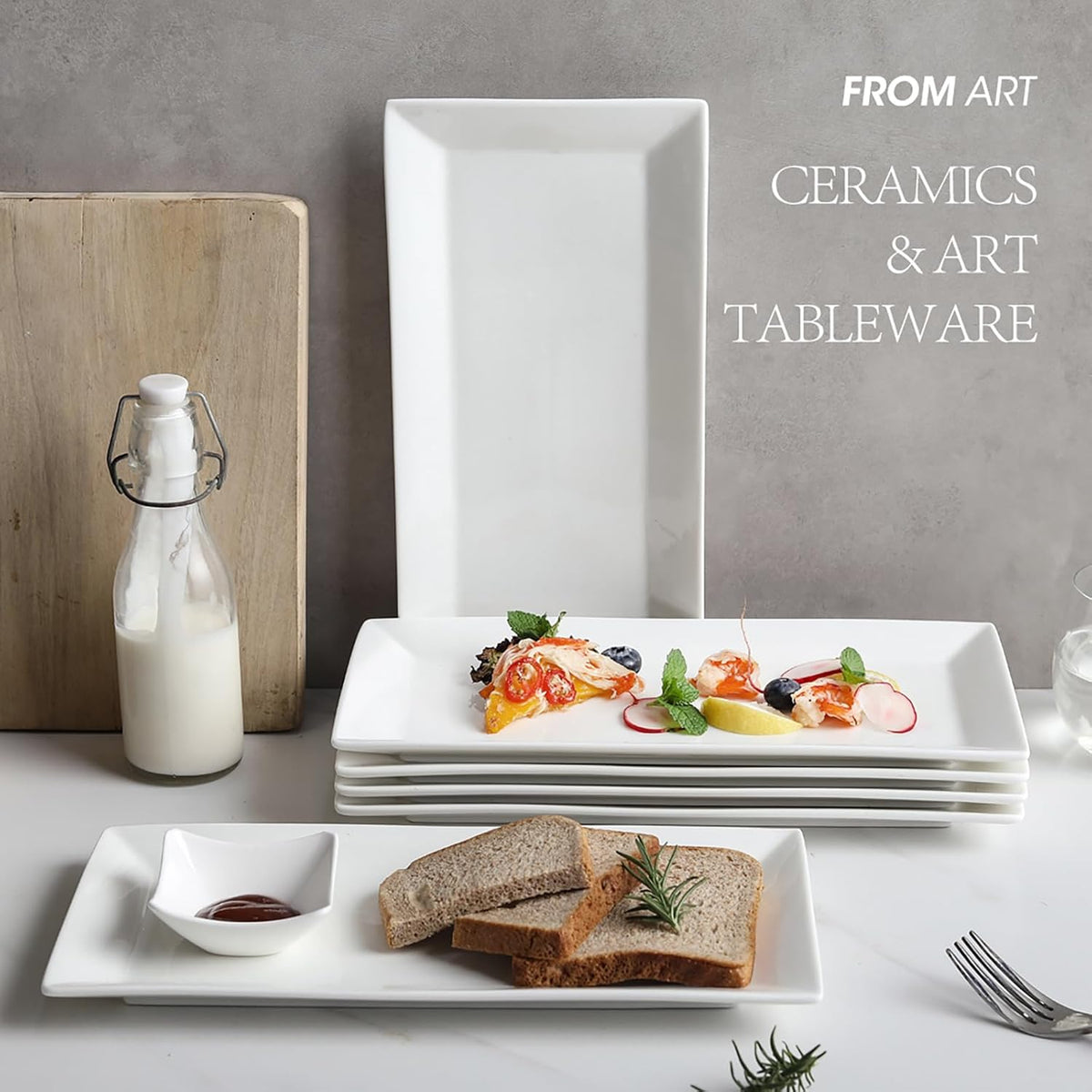 12" Serving Platters Set of 4, White Rectangular Plates, Ceramic Serving Tray, Stackable Large