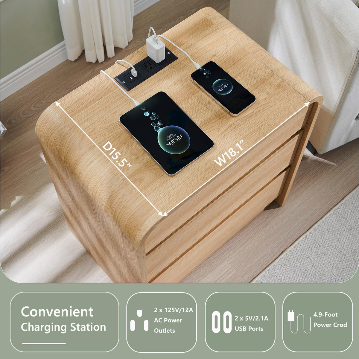 25" Tall Modern Nightstand Set of 2, 23.6" Wide Wood Bedside Table with Charging Station, 3 Storage