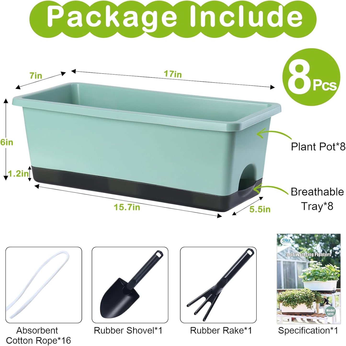 Window Box Planter 8 Pcs, 17 Inches Rectangle Flower Pots with Drainage Holes and Trays, Vegetable