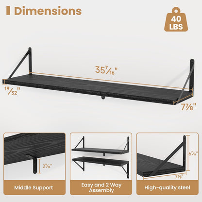 Heimlove 36 Inch Black Floating Bookshelves Set of 3,Heavy Duty Wall Mounted Bookshelves,Bookshelf