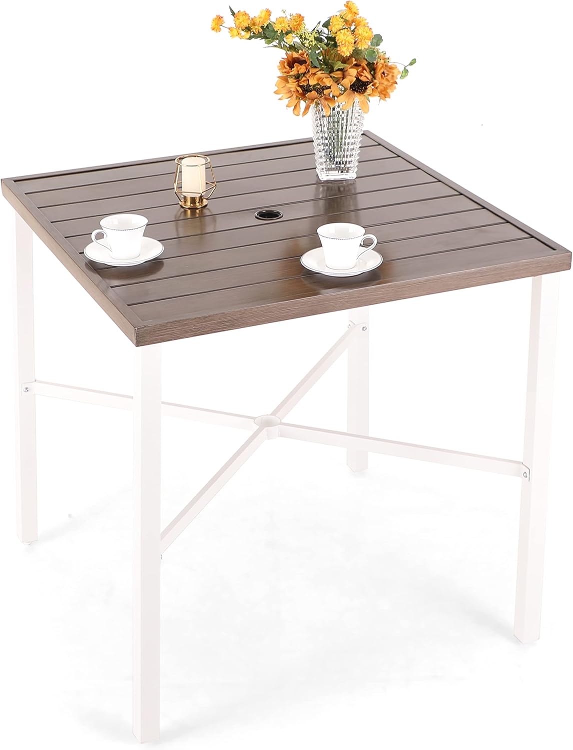PHI VILLA Outdoor Bar Table, High Patio Table with Umbrella Hole, White Legs, Metal Frame, Sturdy &
