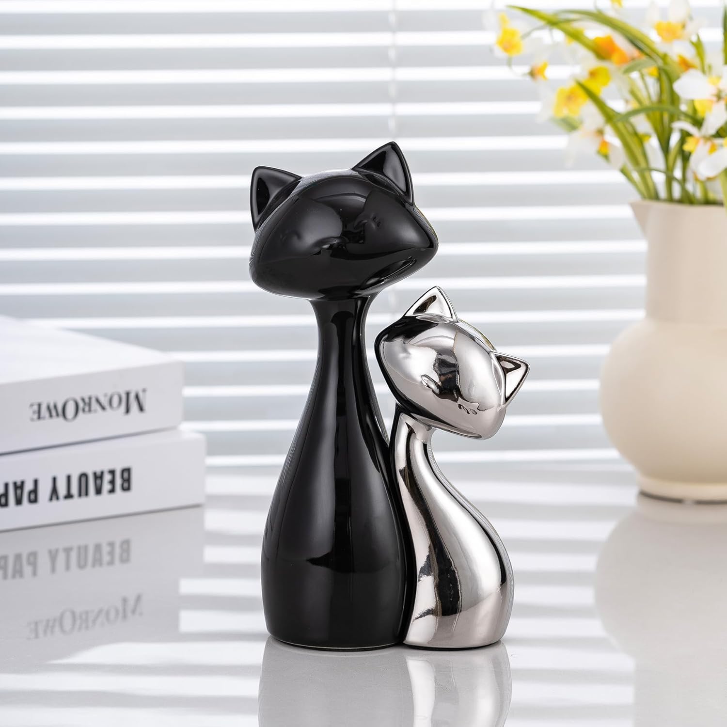 Ceramic Cat Statue Set, Black & Silver Cute Home Decor Figurines, Lucky Cats Desk Accessories for