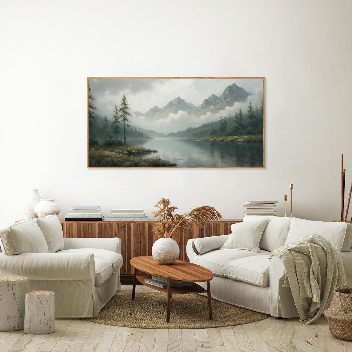 SIGNINART Large Misty Mountain Framed Canvas Wall Art, Green Forest River Scenery Wall Decor