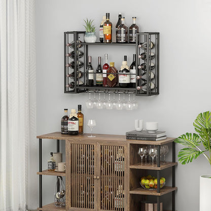 Wall Mounted Wine Rack, Wine Rack Wall Mounted with Wine Glass Rack, 2-Tier Multi-Functional Shelf
