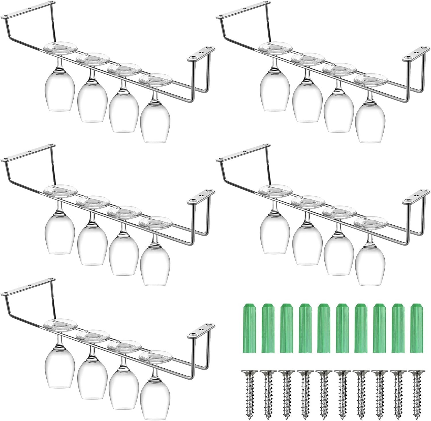 5 Pack Wine Glass Rack Stainless Steel Wine Glass Holder, 14inch Hanging Stemware Rack for Bar