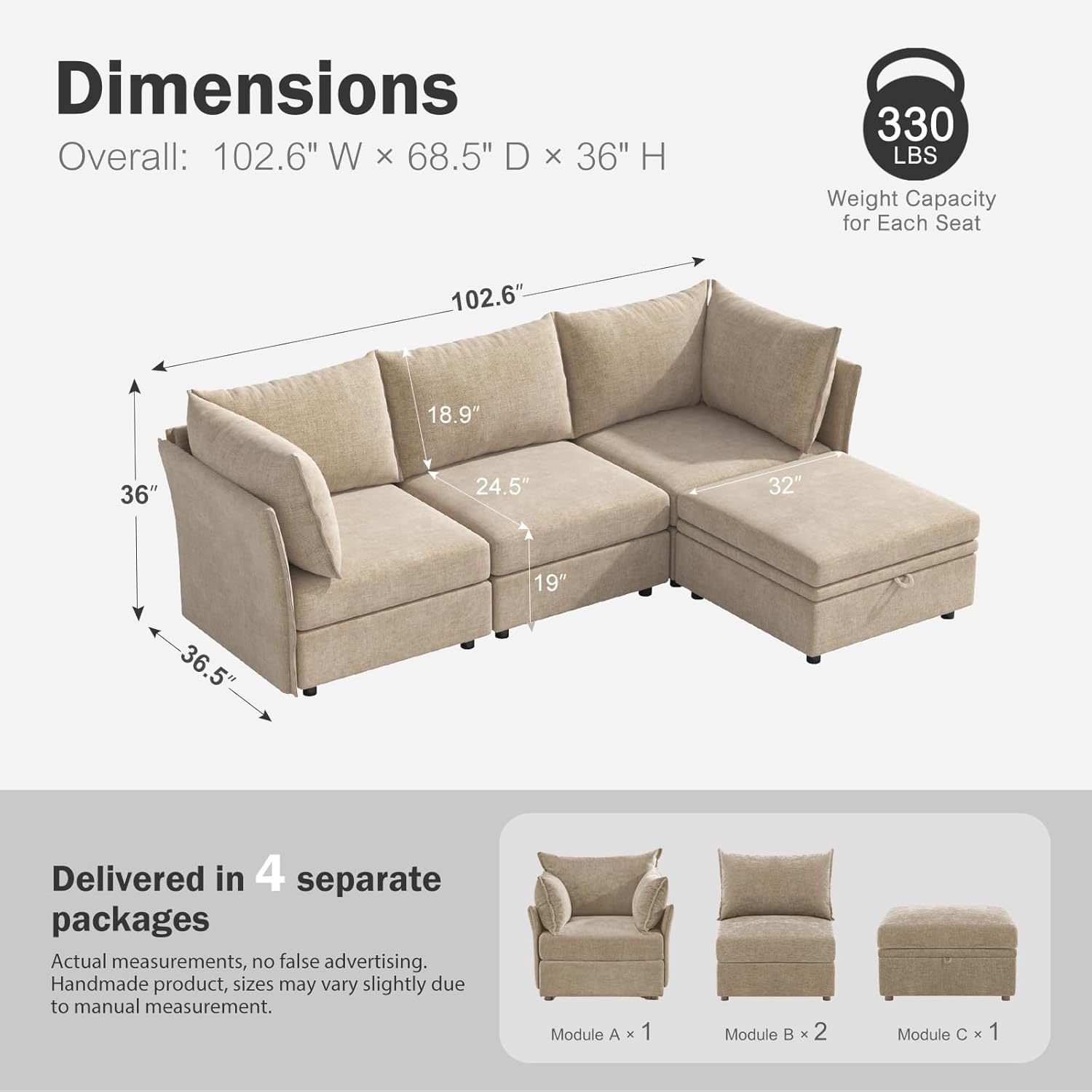 102.6" Modular Sectional Sofa, L Shaped Couch Set for Living Room, 3-Seater Comfy Cloud Couches