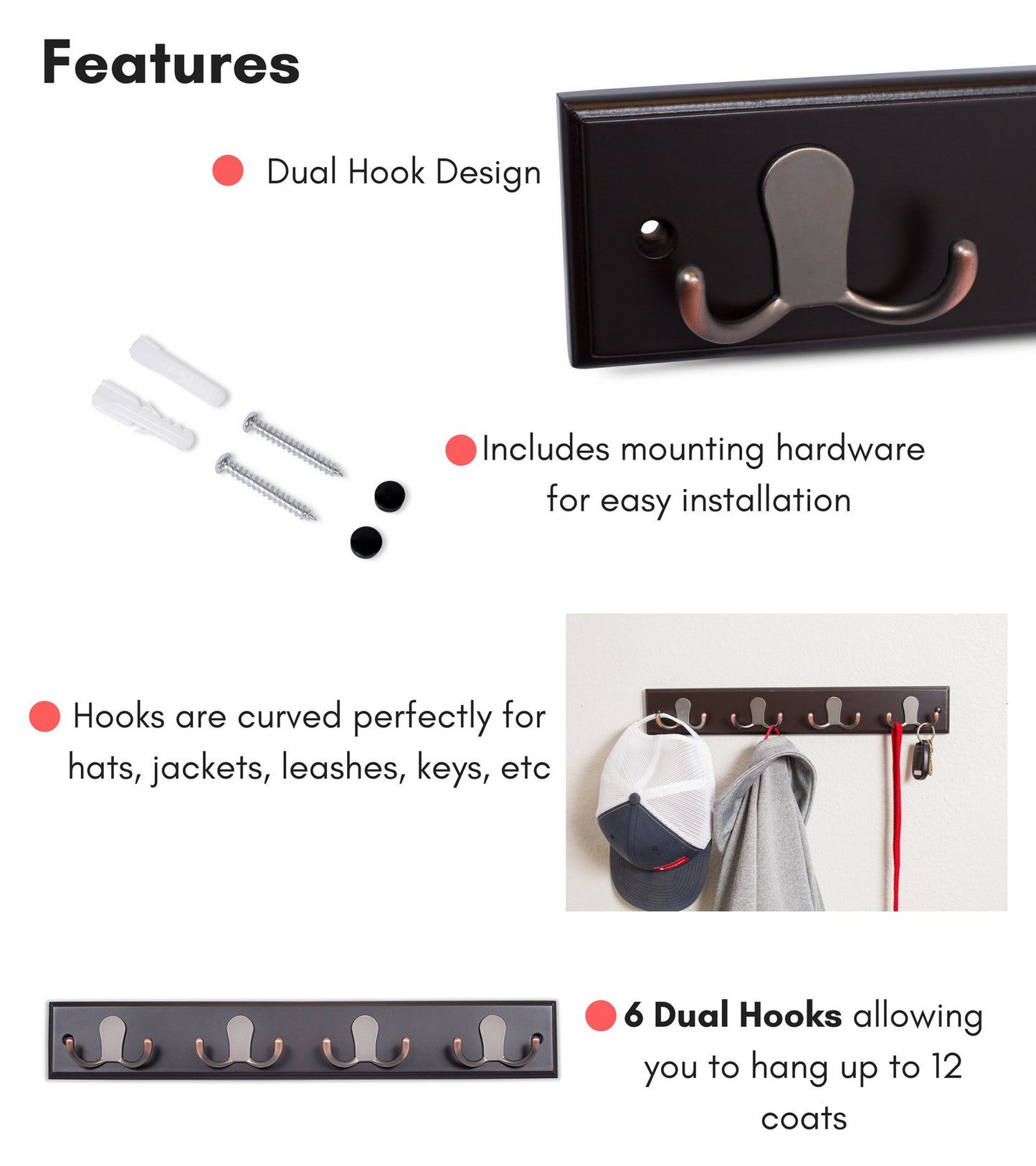 BIRDROCK HOME Dual Hook Coat Rack | 4 Dual Hooks | Wall Mounted Hat Key Rack Rail | Oil Rubbed