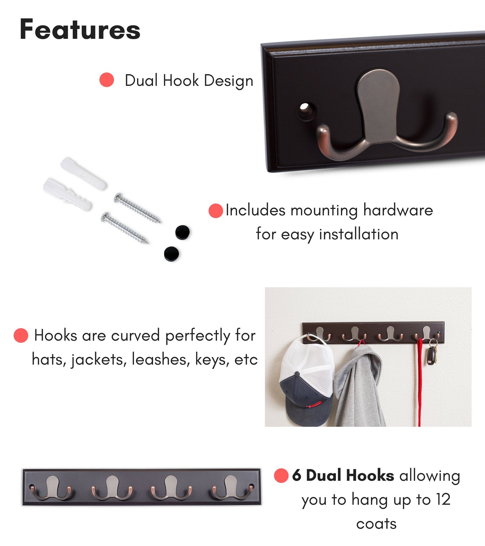 BIRDROCK HOME Dual Hook Coat Rack | 4 Dual Hooks | Wall Mounted Hat Key Rack Rail | Oil Rubbed