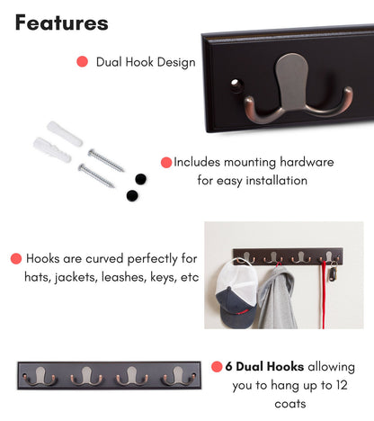 BIRDROCK HOME Dual Hook Coat Rack | 4 Dual Hooks | Wall Mounted Hat Key Rack Rail | Oil Rubbed