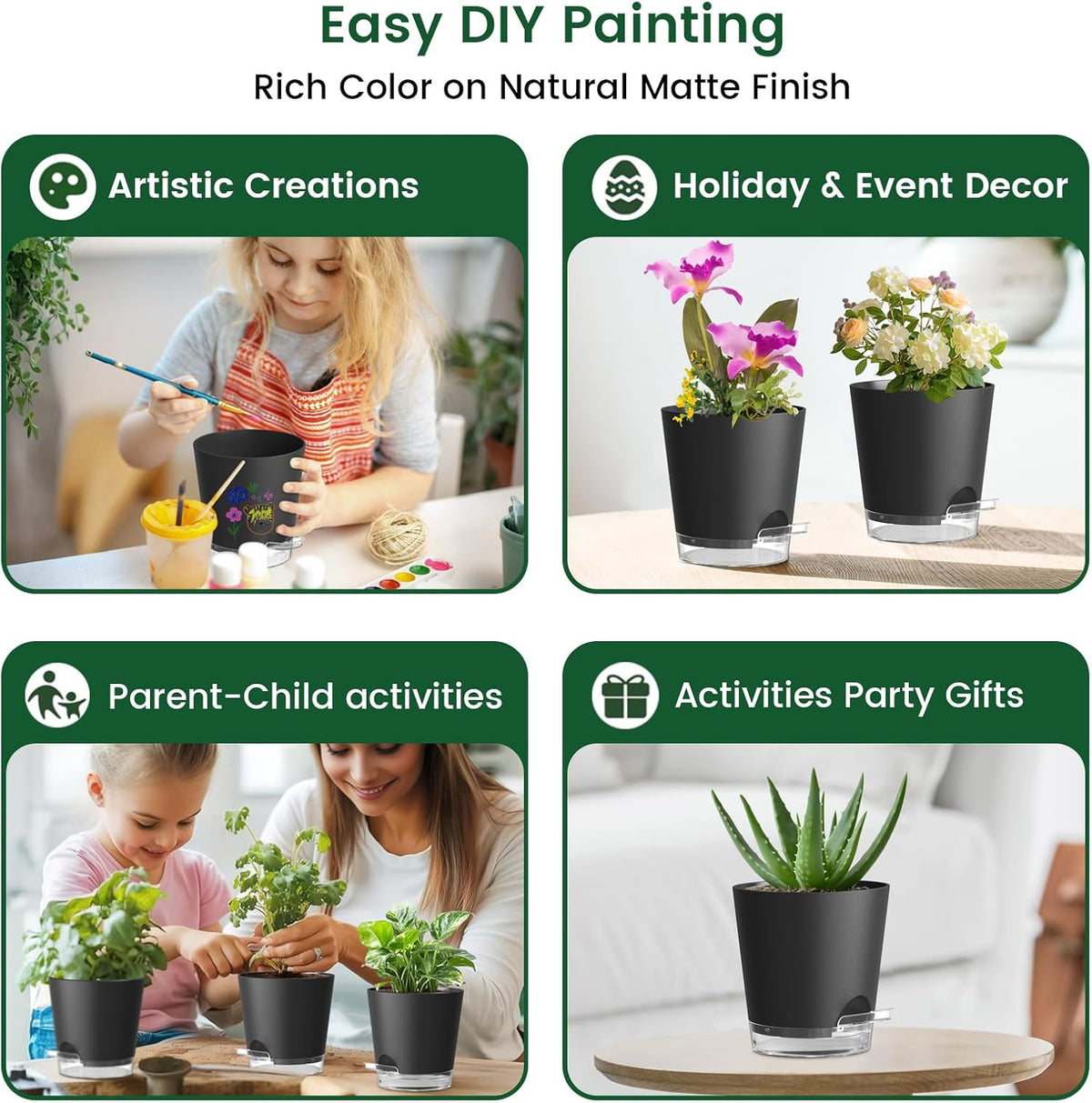 4 inch Self Watering Pots for Indoor Plants, 5 Pack Small Flower Plant Pots with Drainage Holes and