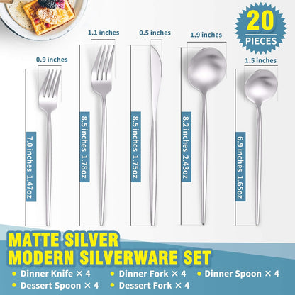 Matte Silverware Set for 4,Modern Stainless Steel Brushed Cutlery Set,20-Pieces Heavy Duty Flatware