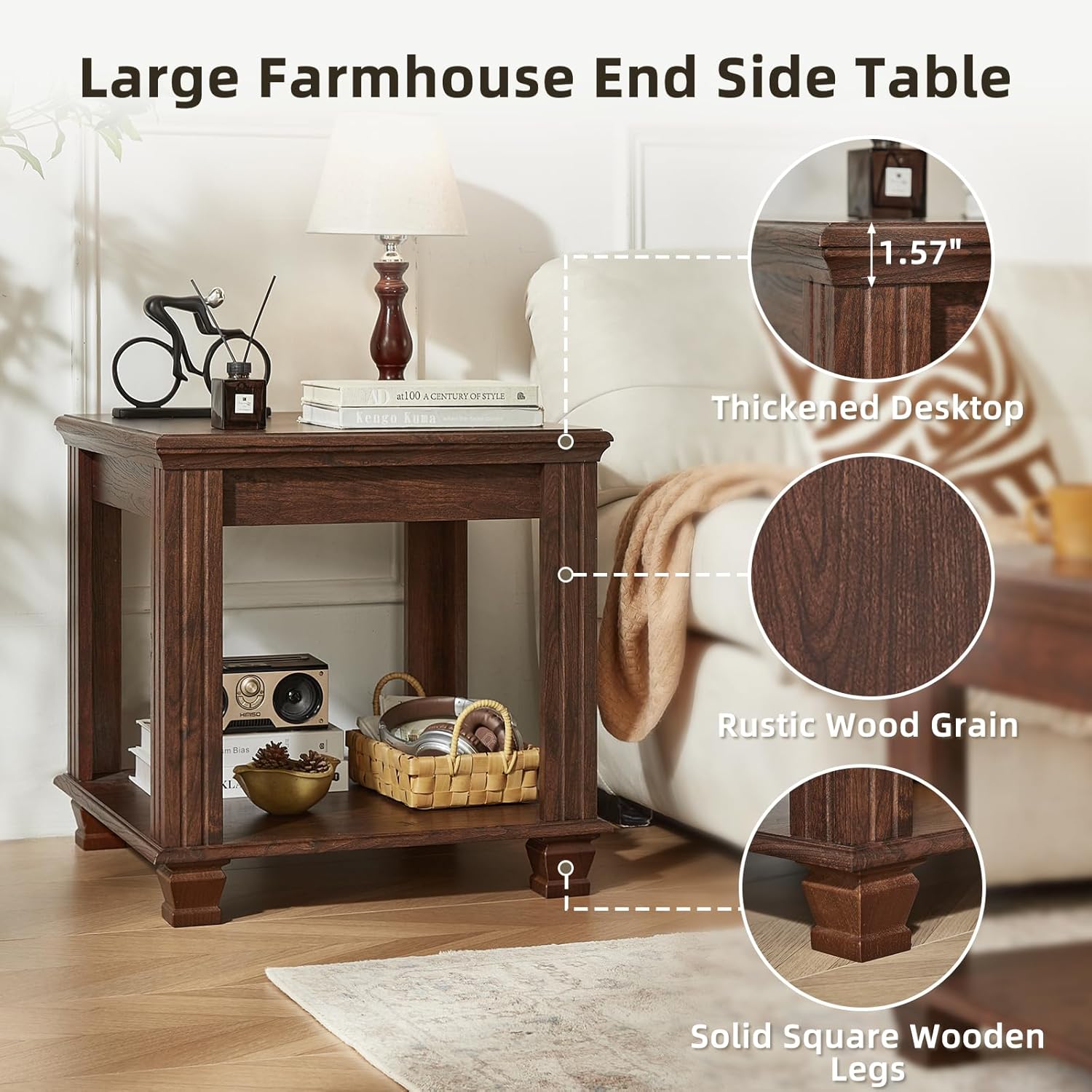Farmhouse End Table,Large Side Table with 2-Tier Storage Shelf,Rustic Brown End Tables for Living