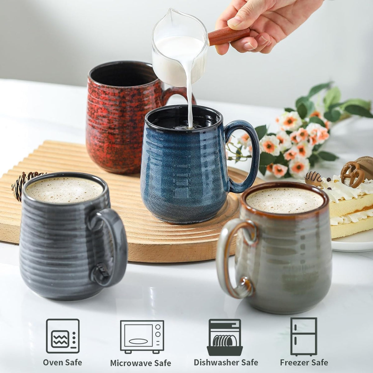 Hasense Coffee Mugs Set of 4, 12 Oz Stoneware Coffee Cups with Large Handle, Colorful Rustic Mug