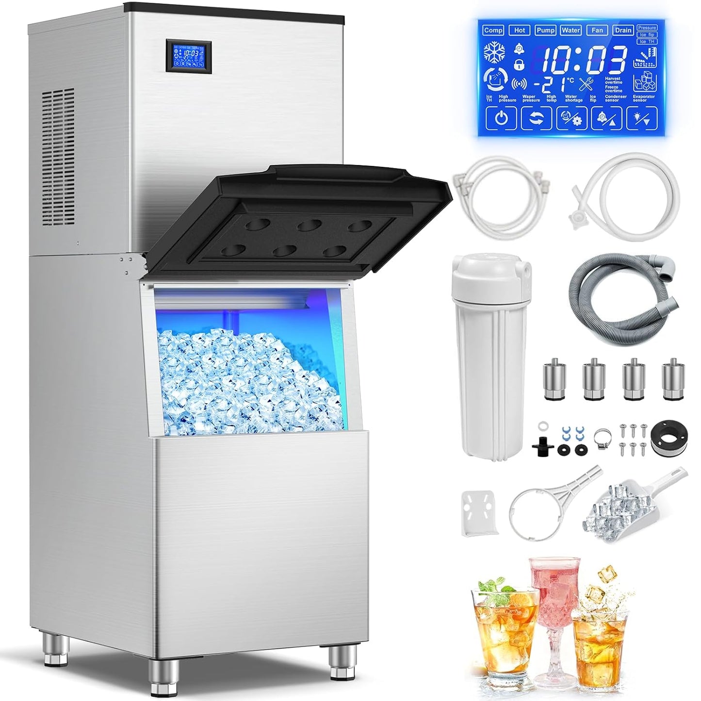 Commercial Ice Maker 600 Lbs/24H Ice Machine Large Capacity Stainless Steel, 182 Ice Trays