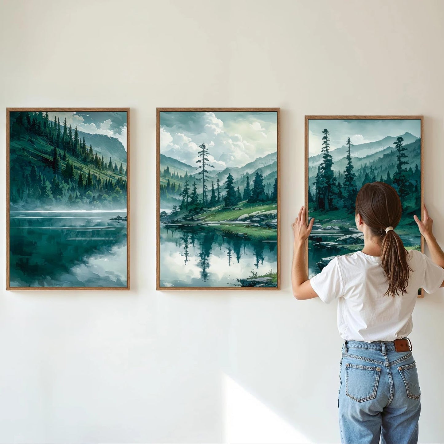 Tinonedraw Large Nature Forest Framed Canvas Wall Art Set, Boho Mountains Calming Lake Wall Decor