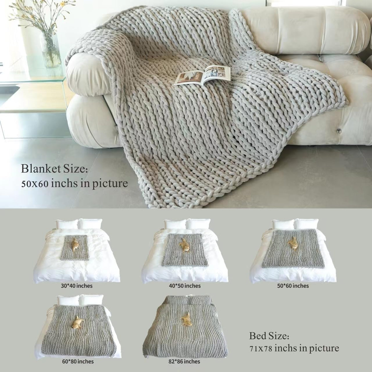 Maetoow Chenille Chunky Knit Blanket Throw （50×60 Inch）, Handmade Warm & Cozy Blanket Couch, Bed