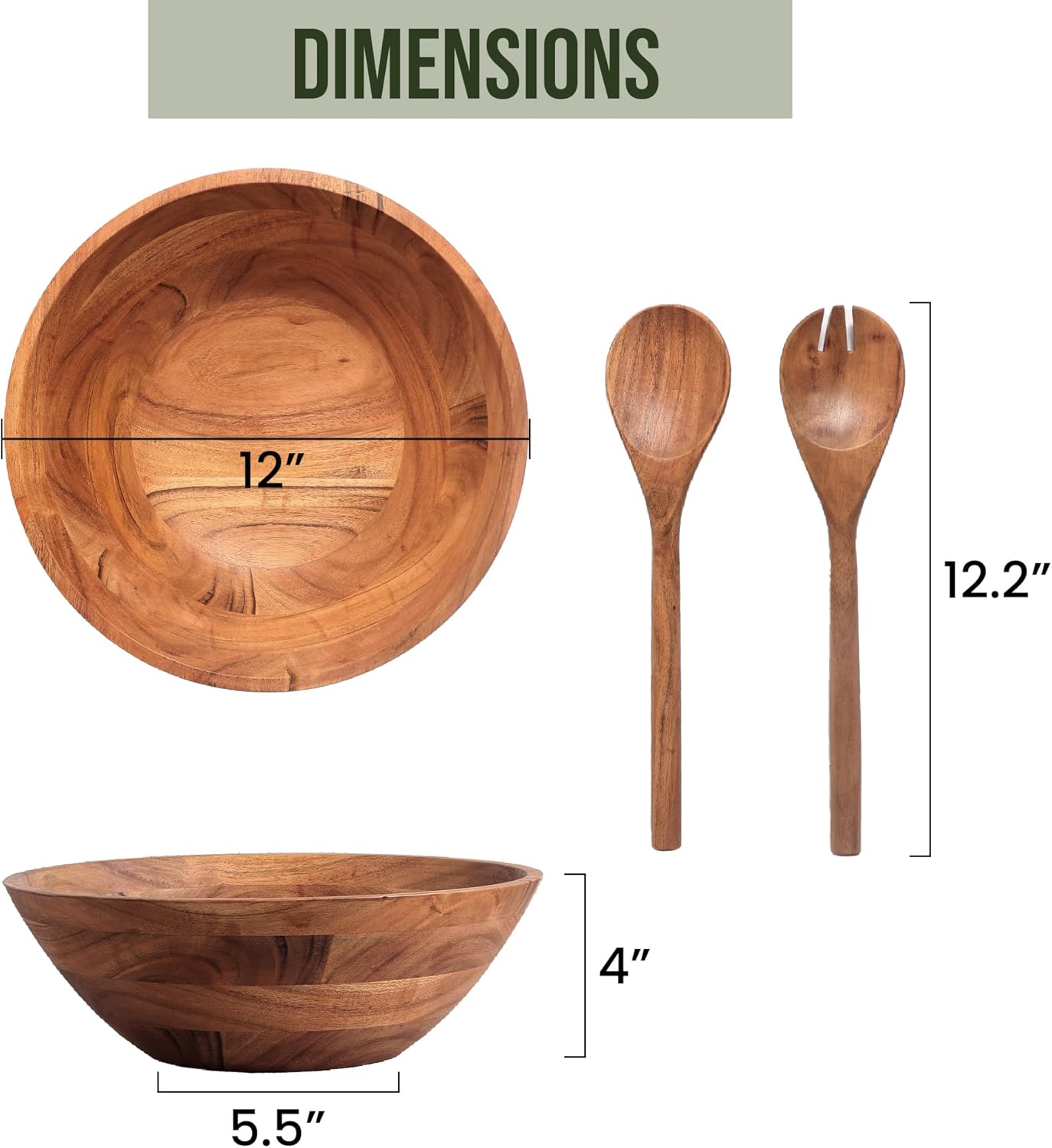 Luxe Designs Wooden Salad Bowl Set - Food Safe & Sustainable Decorative Bowl - Wood Bowl for