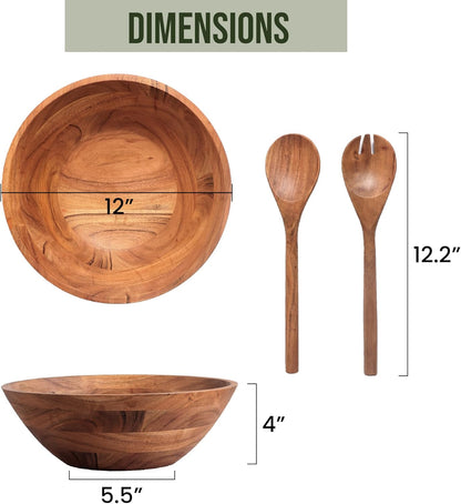 Luxe Designs Wooden Salad Bowl Set - Food Safe & Sustainable Decorative Bowl - Wood Bowl for