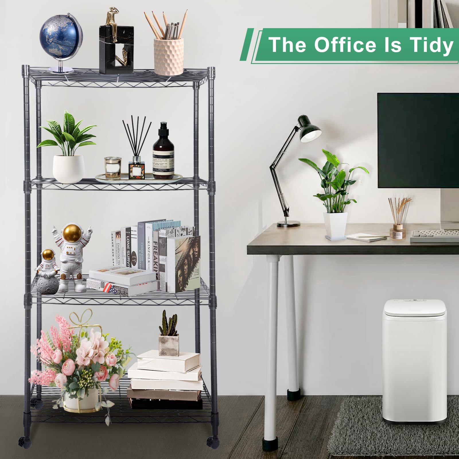 Whitmor 4 Tier Shelving Unit, Adjustable Storage Shelves with Wheels, Wire Shelving, 400 lbs