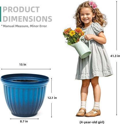 15" H Large Flower Pots, Set of 2 Plastic Planters for Outdoor Plants with Gradient Blue Finish and
