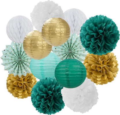 Sage-Green Teal-Gold Baby-Shower Party Decorations - 14pcs Rustic Wedding Paper Lanterns Fan,Tissue
