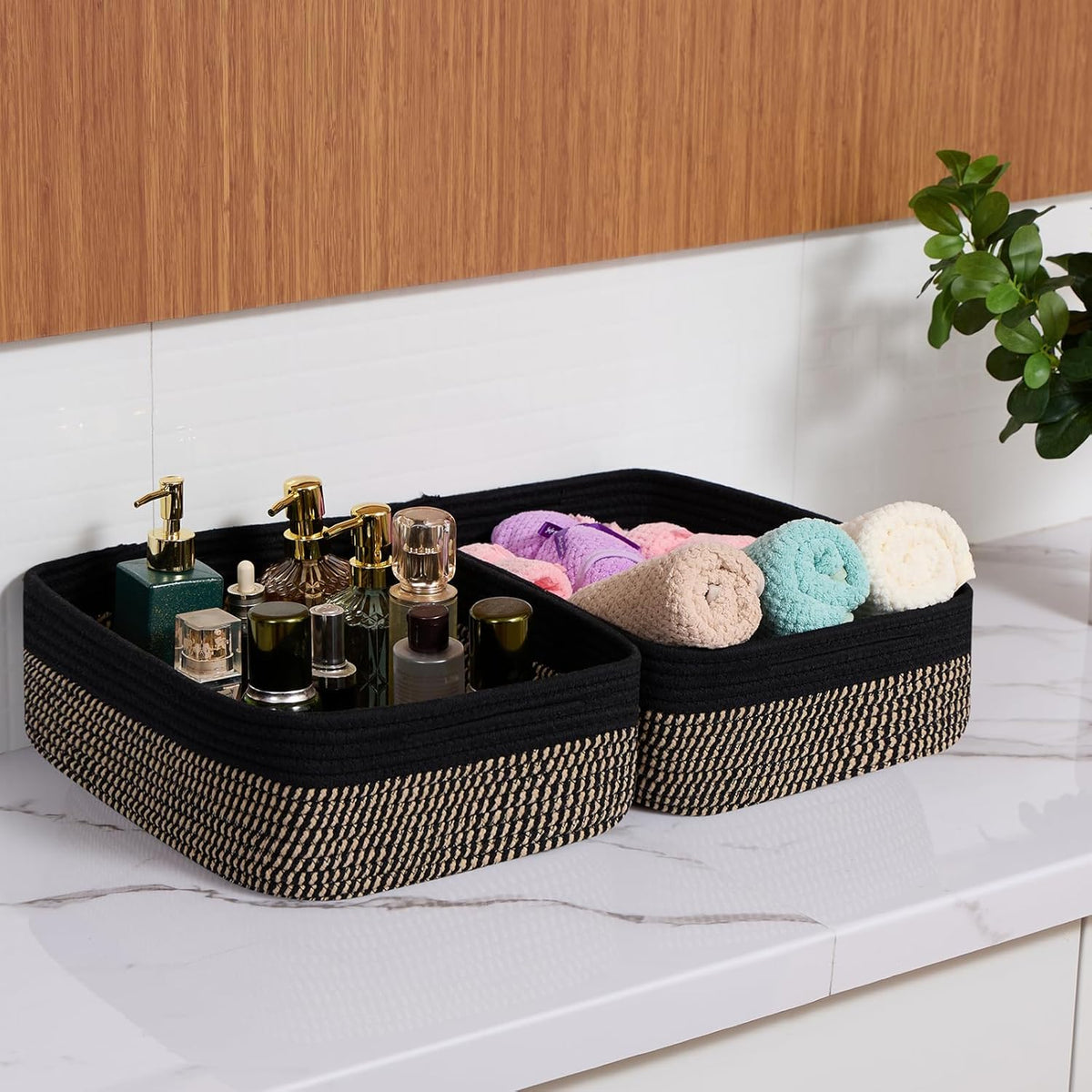 Large Shallow Organizing Baskets 15x11x5.1 Inches - Rope Woven Storage Bins for Bathroom, Shelves