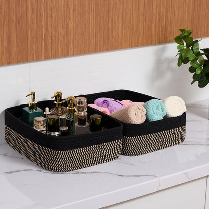 Large Shallow Organizing Baskets 15x11x5.1 Inches - Rope Woven Storage Bins for Bathroom, Shelves