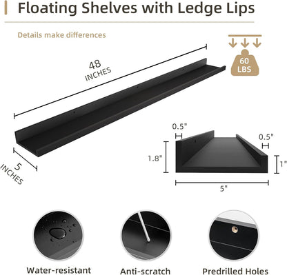 Picture Ledge Shelf, Wood Long Floating Shelves for Wall, Set of 2, 48 inch Picture Ledge Shelves