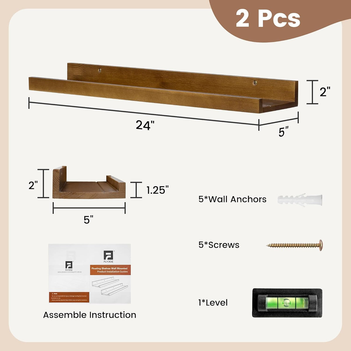 Picture Ledge Wall Shelves 24 inch Width Set of 2, Solid Pine Wood Rustic Floating Ledge Shelves