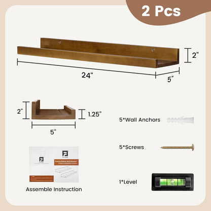 Picture Ledge Wall Shelves 24 inch Width Set of 2, Solid Pine Wood Rustic Floating Ledge Shelves