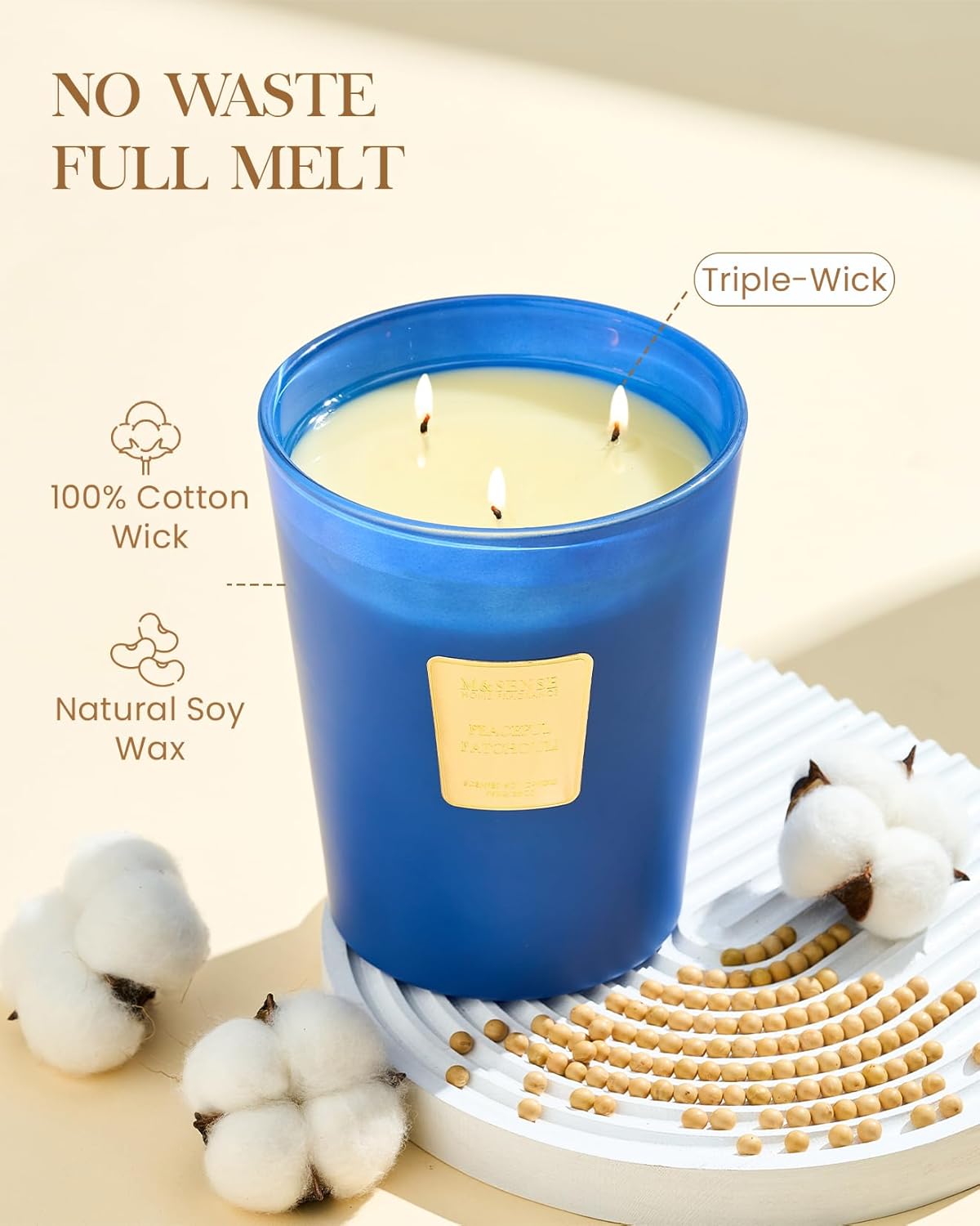 M&SENSE Peaceful Patchouli Scented Candle 35oz 150H Burn Time Long Lasting, 3-Wick Natural