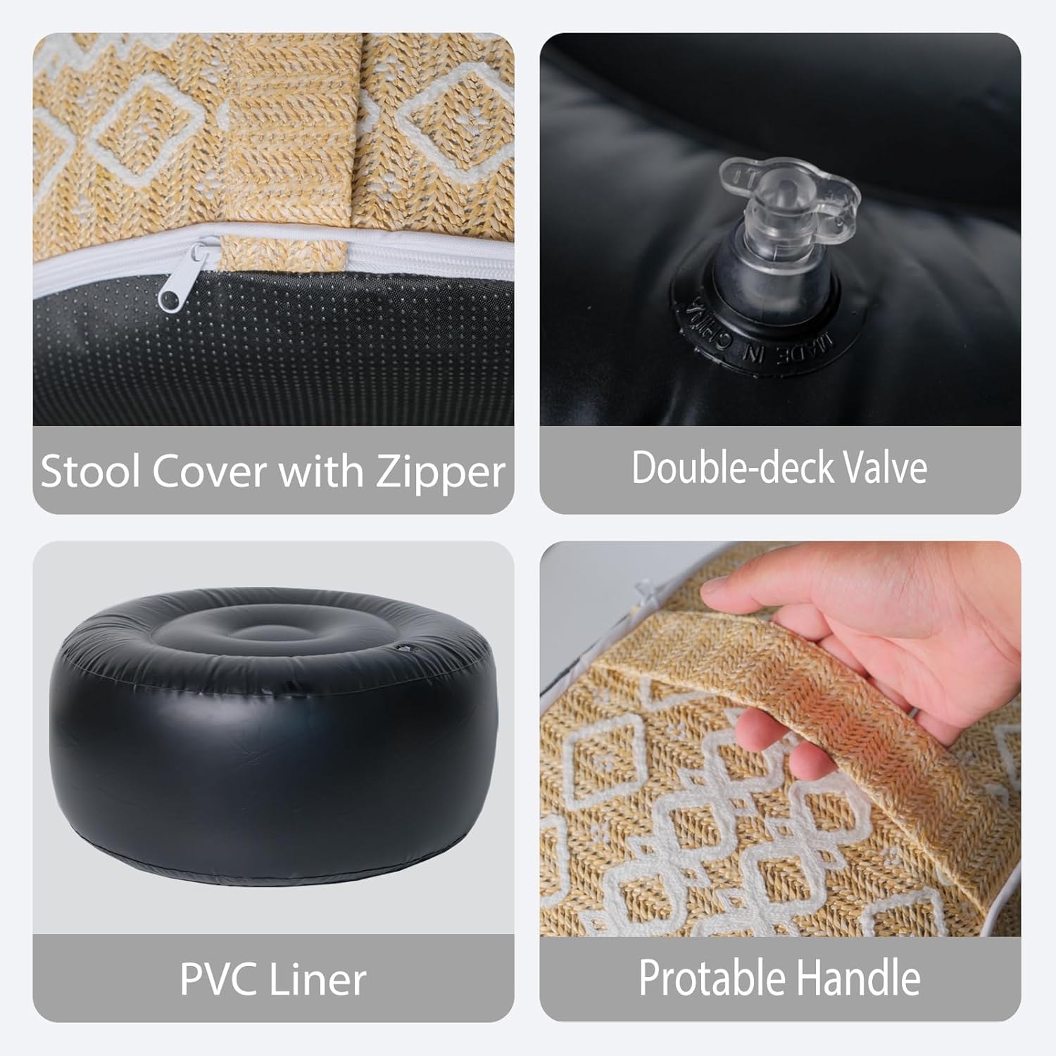 Outdoor Inflatable Ottoman with Air Pump, Embroidery Patio Footrest Stool D21”x H9”, Round Pouf
