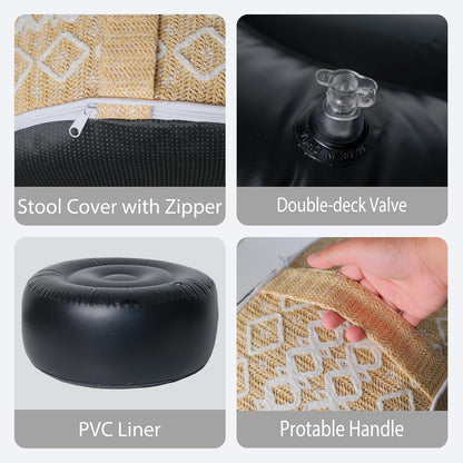 Outdoor Inflatable Ottoman with Air Pump, Embroidery Patio Footrest Stool D21”x H9”, Round Pouf