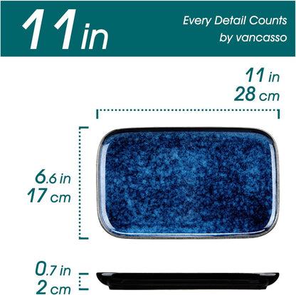 vancasso Stern Serving Platters Set of 4, 11 Inches Rectangular Ceramic Serving Plates, Blue