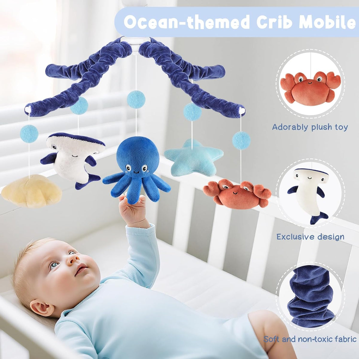 Ocean Crib Mobile for Boys & Girls – Baby Mobile for Crib with Upgraded 3-Mode Music Box, Sea