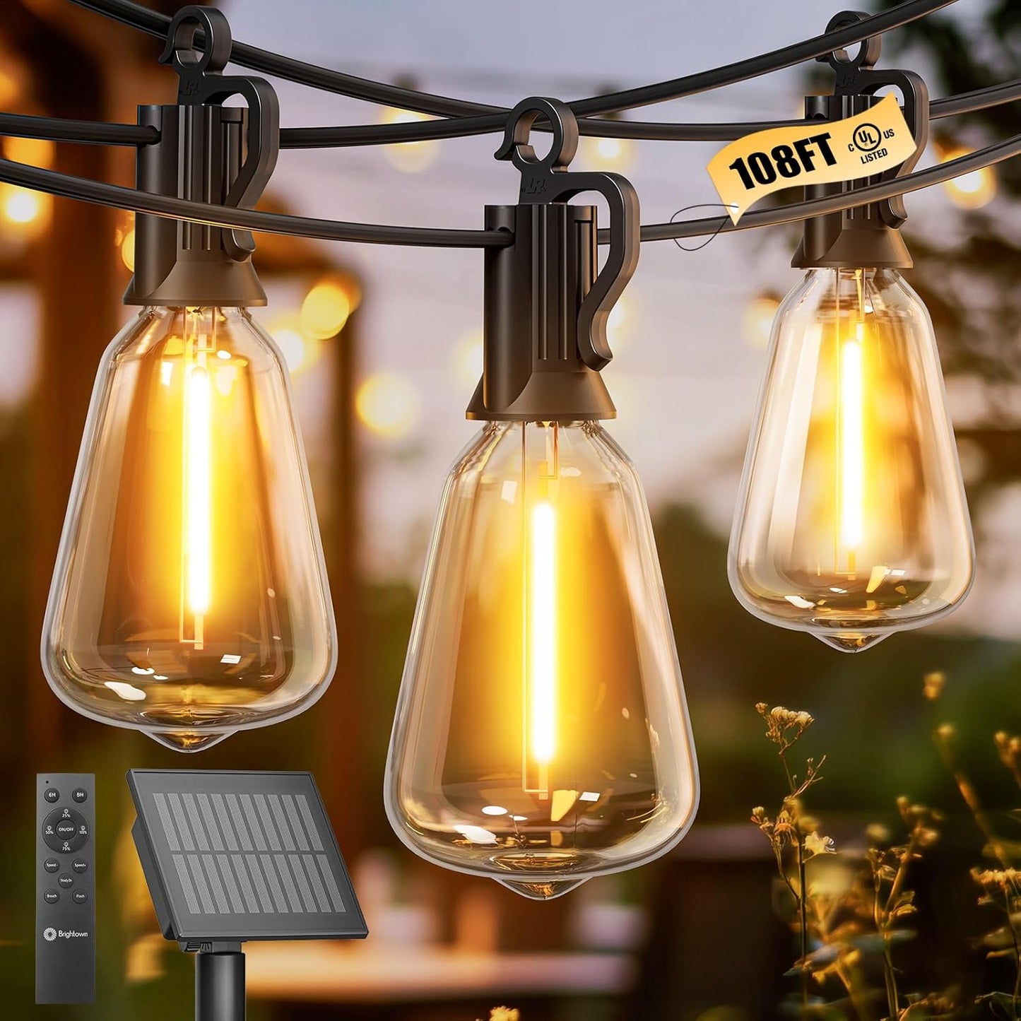 Brightown Solar Lights Outdoor Waterproof 108FT with 50 Shatterproof ST38 LED Bulbs, 2700K Solar